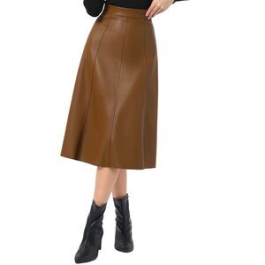 Women's Faux PU Leather Skirt Party A Line Midi Skirts Khaki Brown